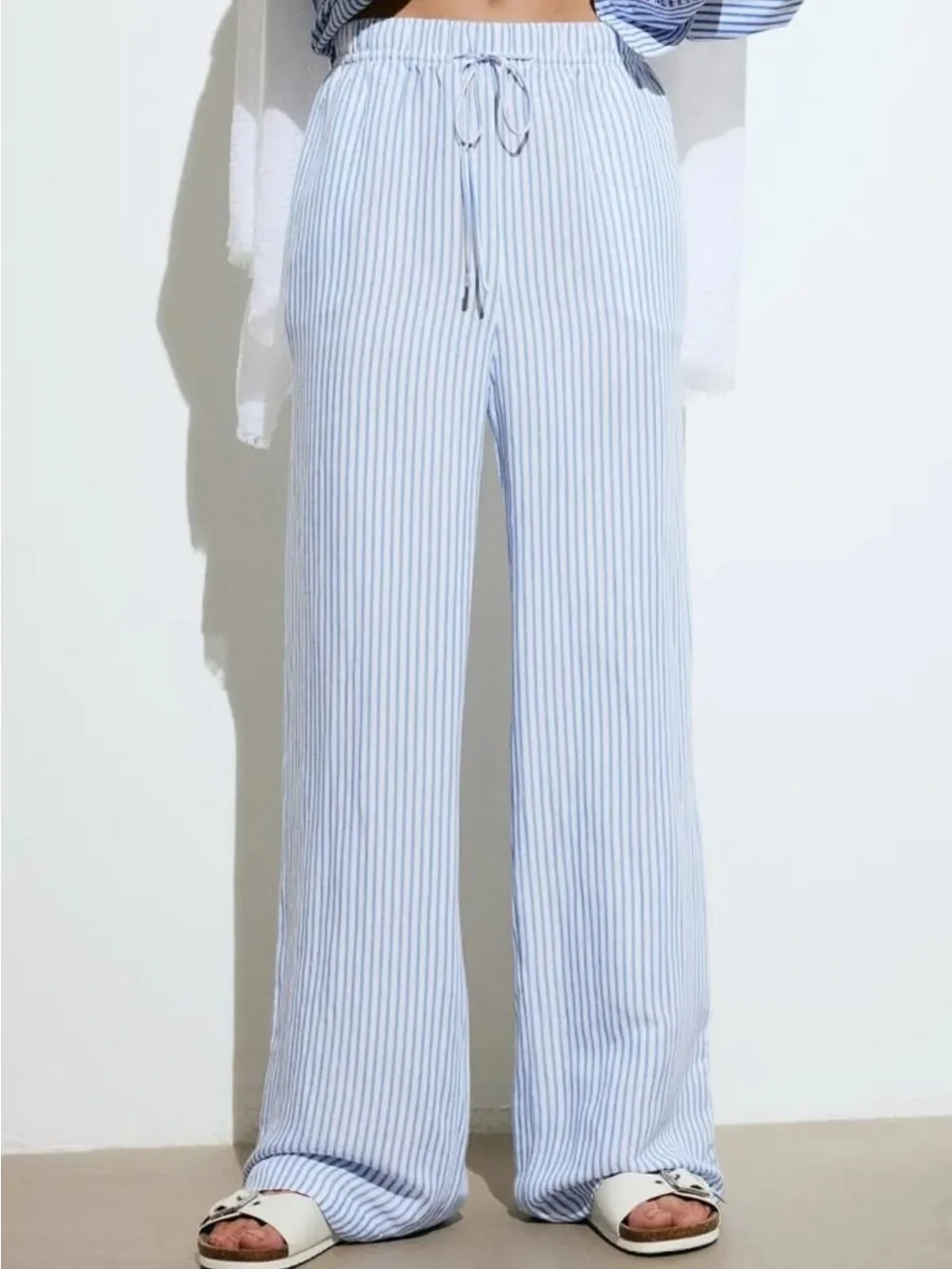 H&M Linen-Blend Pull On Stripe Trousers